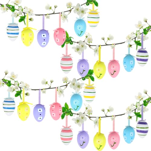 24x Handbemalte Ostereier zum Aufhängen, panemy Bunte Ostereier Plastik aus Kunststoff, Ostereier zum Aufhängen - pastellfarbene Osterdeko mit tollen Mustern Größe: 6 cm