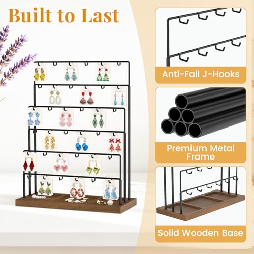 Image of EsLuker.ly Earring Card Display Stand for Vendors Events Selling, Earring Holder Rack Metal 6 Tier 36 Hooks with Wooden Base, Large Capacity Showcase Your Jewelry at Any Event, Black