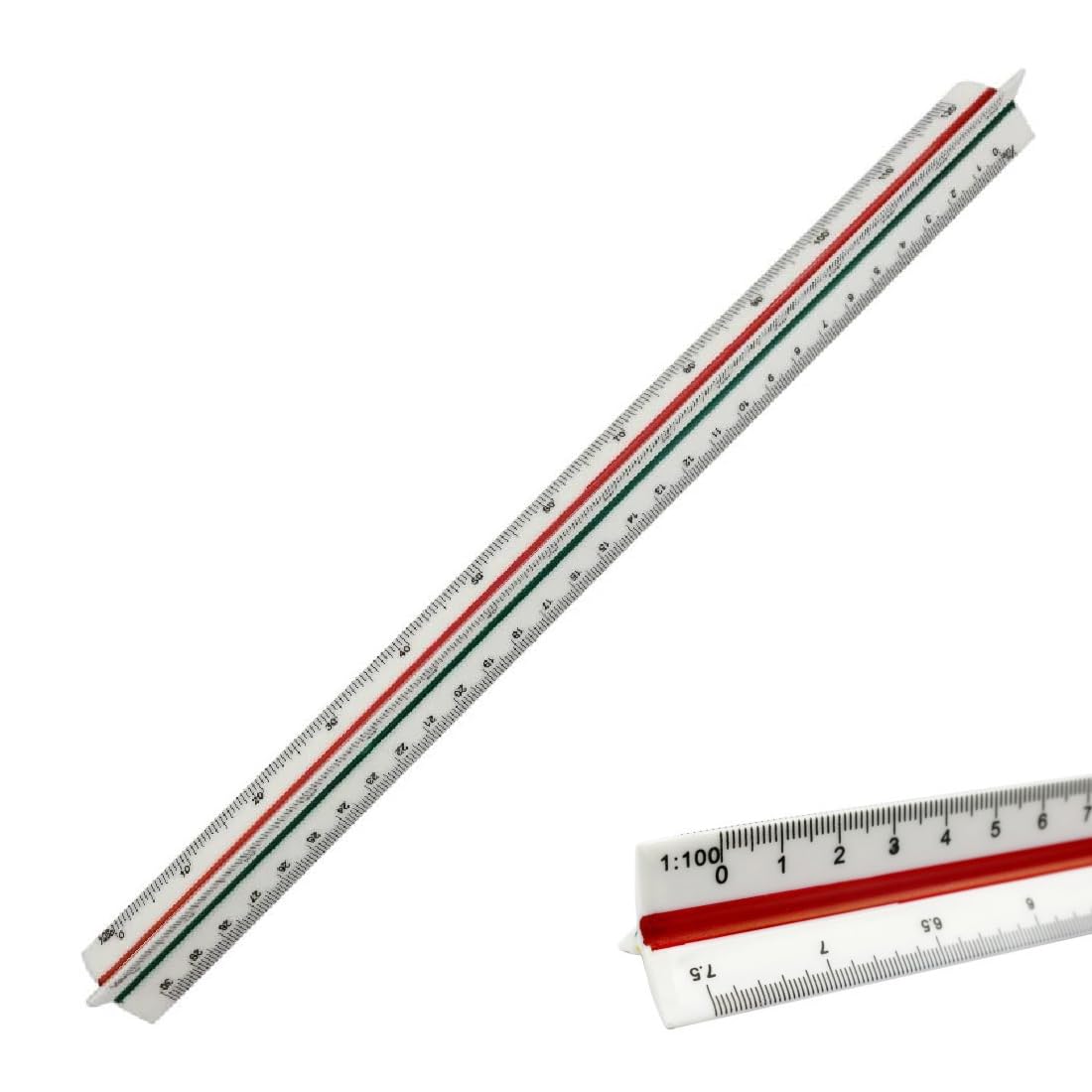 Escala de regla triangular ideal para ingenieros y arquitectos Escalas actuales: 1:100 1:200 1:250 1:300 1:400 1:500 Escala de regla triangular