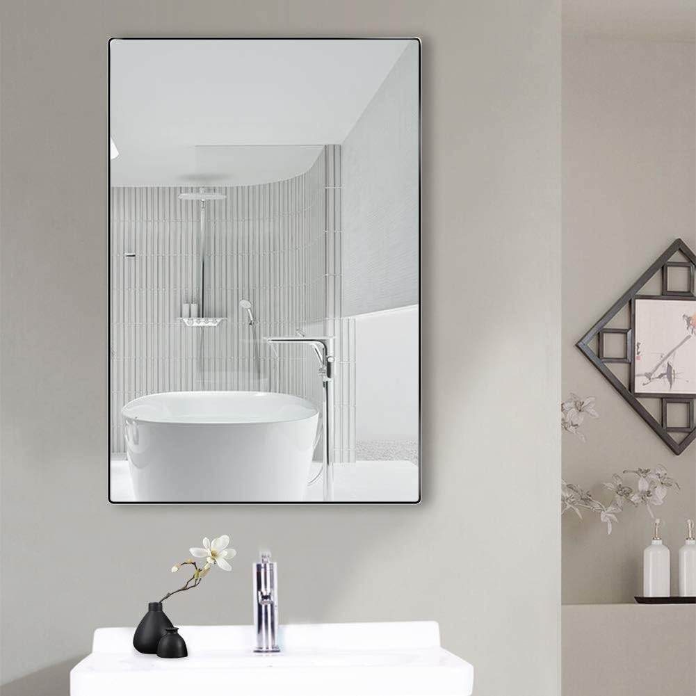 belle electrical Black Wall Mirror for Bathroom, 24x32 Inch Beveled Rounded Corner Bathroom Mirrors for Wall, Thin Modern Aluminum Metal Frame Makeup Mirrors for Wall, Hangs in Vertical or Horizontal