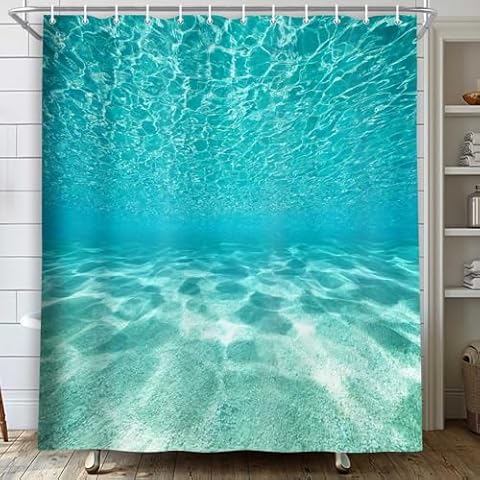 MERCHR Cute Teal Blue Ocean Shower Curtain, Nature Underwater Sea World Sand Beach Bathroom Curtains Waterproof Fabric,71X78Inches Cover