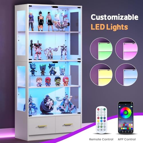 Image of Lamtor Display Cabinet with Glass Doors - 67 inch Curio Cabinet for Collectibles with RGB LED Lights and 2 Drawers, 4 Tier Glass Display Case for Living Room, Office, White