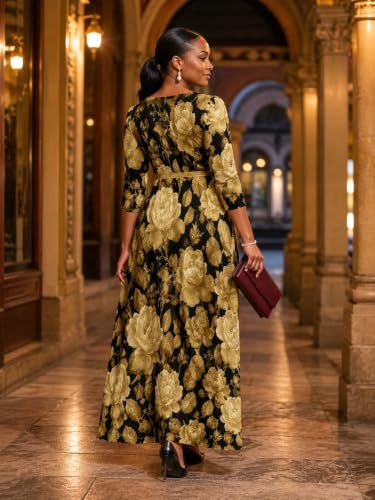 Image of SUZONANA Plus Size Dresses for Women Floral Print Maxi Dress Flowy 3 /4 Sleeve with Belt