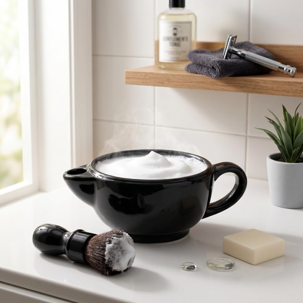 GOWENIC Bol de savon à raser pour homme, tasse à mousse pour le rasage humide, bol de crème à raser double couche pour ailettes droites ou de barbier, toilettage pour homme