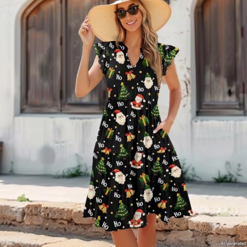 Image of Womens Summer Dress Ruffle Sleeve V Neck Dress Casual Fit Flowy Beach Vacation Sundress with Pocket S-2XL
