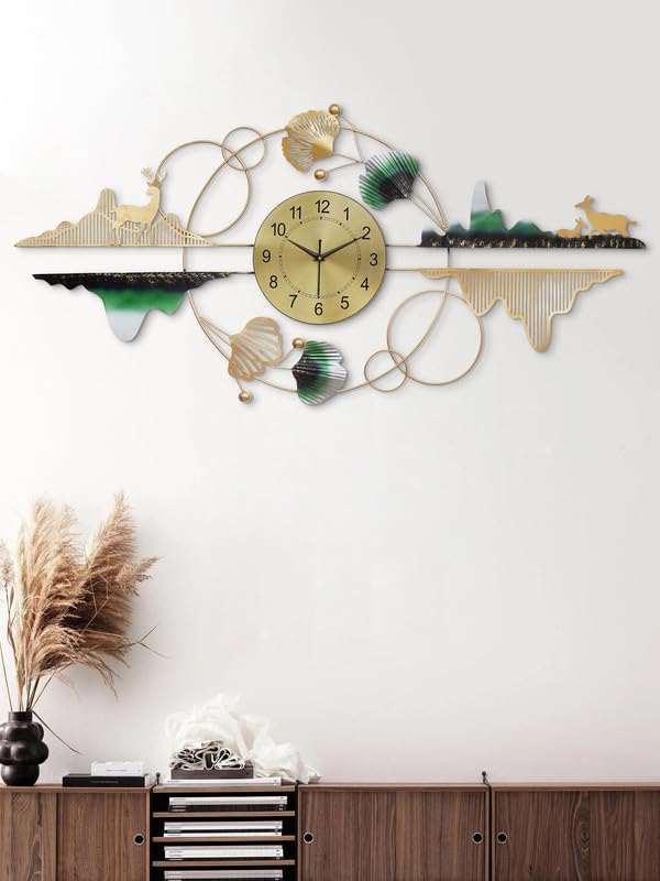 Image of CHRONIKLE Designer Iron Golden and Green Analog English Numerals Wall Hanging Clock for Living Room Bedroom Home Office Timeless Decor (Size: 120 x 2.5 x 56 CM| Weight: 1700 Gram)