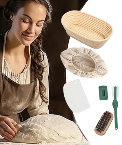 Image of 10 Inch Oval Bread Basket Set, Sourdough Bread Basket for Bread Baking, Handmade Proofing Basket Set with Cloth, Artisan Sourdough Bread Making Tools for Professional and Amateur Bakers