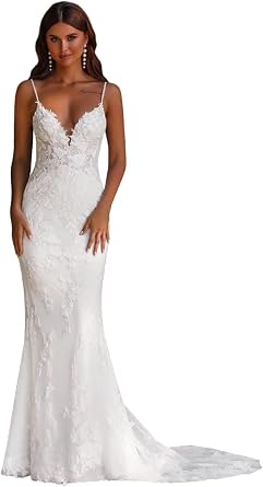 Lace Applique Wedding Dresses for Bride Mermaid V Neck Long Boho Spaghetti Straps White Tulle Bridal Gowns with Train 2026 US4-1
