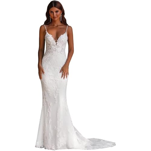 V Neck Lace Applique Bridal Gowns for Wedding 2026 Mermaid Boho Spaghetti Straps White Wedding Dresses with Train Bodycon US6