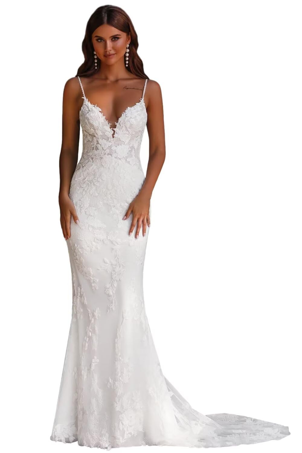 Toreque White Tulle Lace Applique Wedding Dresses 2026 Spaghetti Straps Mermaid V Neck Bodycon Long Bridal Gowns for Bride US0