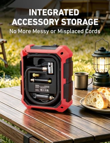 Image of AstroAI Tire Inflator Portable Air Compressor 12V DC 100PSI, Integrated Storage, Digital Gauge, Auto Shut-Off Fast Inflation LED Light, Air Pump for Car Tires Bike Motorcycle Other Inflatables, Red