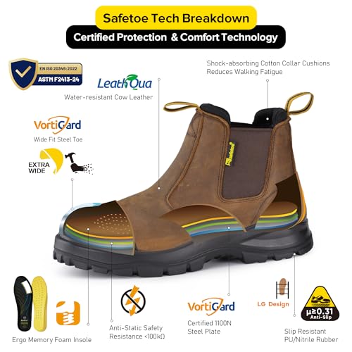 Image of Mens Work Boots Steel Toe Chelsea Safety Boots Cow Leather Waterproof Lightweight Working Shoes