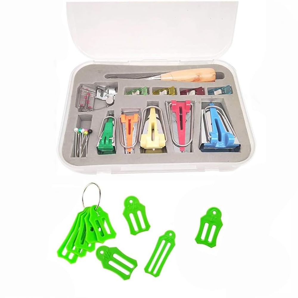 YICBOR Bias Tape Maker Kits All 5 Sizes 6MM 9MM 12MM 18MM 25MM Binding Foot Craft Clips Awl Quilter's Pin Comes with 10pcs Multi-Sizes Folding Fabric and Biasing Strips Roll Tool Set (Green)