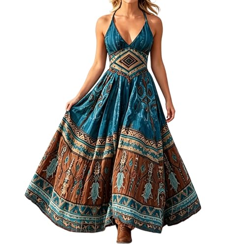 Bauzuoyo Vestido floral para mujer, estilo rústico, largo, estilo bohemio, retro, étnico, tirantes delgados, sexy, sin mangas, vestido de ocio, cuello en V, vestido de playa fluido, azul, 3XL