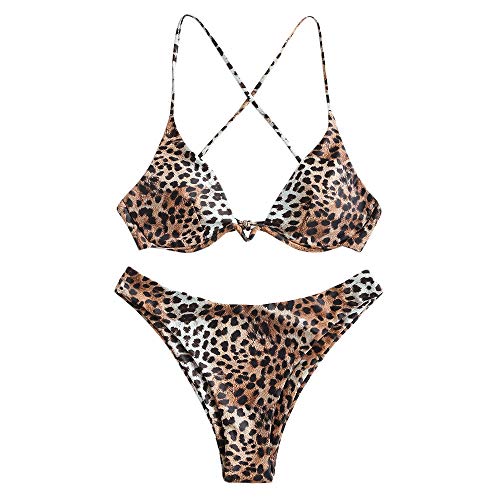 ZAFUL Damen Zweiteiliger Bügel Bikini-Set, Leopardenmuster Criss Cross...