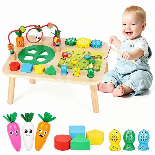 HEYLANDU Activity Table Montessori Toys for 1 2 Year Old Girls Boy Gifts 7 in 1 Wooden Sensory Play Table for Toddler 1 2 3 Learning Toys for Baby 12-18 Months 1st Christmas Birthday Gifts