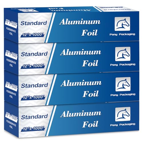 Aluminum Foil Standard 12 inch Wide, 1000 FT Food Safe Foil Wrap for Cooking, Baking, Grilling, Food Service Pony Packaging Aluminum Foil Roll (12"x1000', Standard-4 Count)