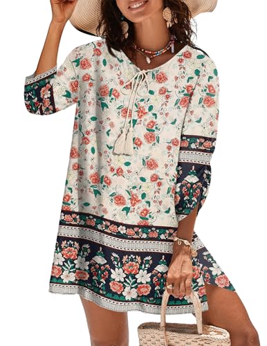 Image of Zeagoo Womens Boho Dresses Casual Beach Summer Dress Tassel Tie Neck 3 /4 Long Sleeve Mini Sundress 2026 Floral Print Cover Up