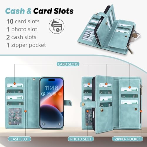 TwoHead Wallet Case Compatible with iPhone 17 Pro, Detachable,Magnetic,11 Cards Holder,PU Leather All-Round Protective Phone Case with Change Pocket(6.3 in,Blue) by TwoHead - Used condition - Image 3