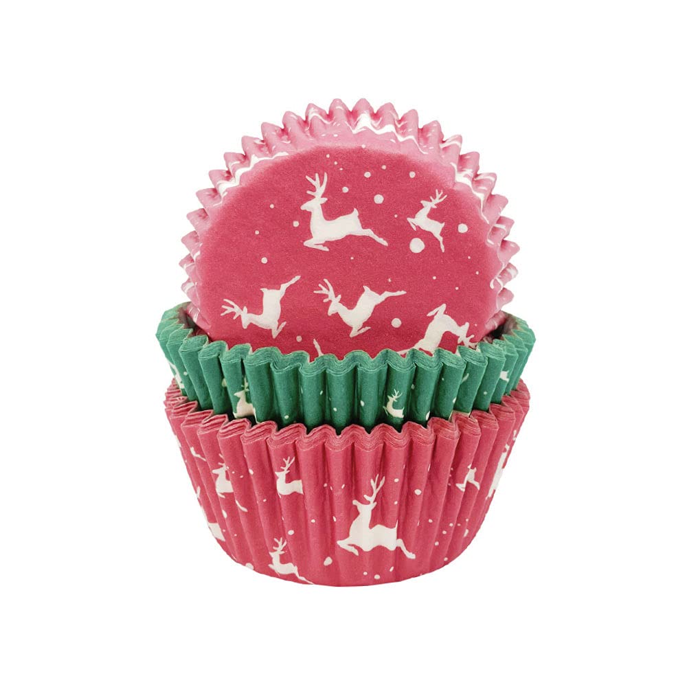 Anniversary House 75 Reindeer Cupcake Cases for Baking, Baking Cups in Heavy Duty Greaseproof Paper, Red & Green, Christmas Cupcake Cases, Rudolph Design, 3.2 x 5cm, J117