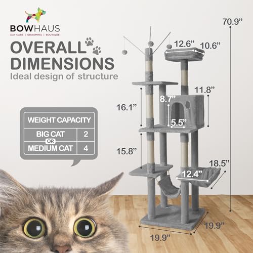 Image of BOWHAUS Tall Cat Tree for Indoor Large Cats or Kittens, Multi-Level Cat Activity Tree with Scratching Posts, Hammock, Cat Cave Condo, Modern Cute Small Cat Climbing Tower with Widened Perch