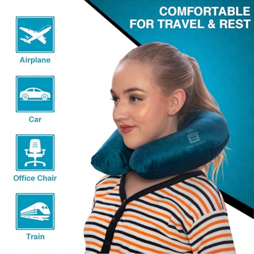 Image of CRAE Travel Neck Pillow for Men & Women | Soft Fibre Cushion for Flight, Car & Train | Soft Velvet Fabric with Attachable Snap Strap | Cervical Support for Neck Pain Relief.Pack of 1(Lagoon Blu)