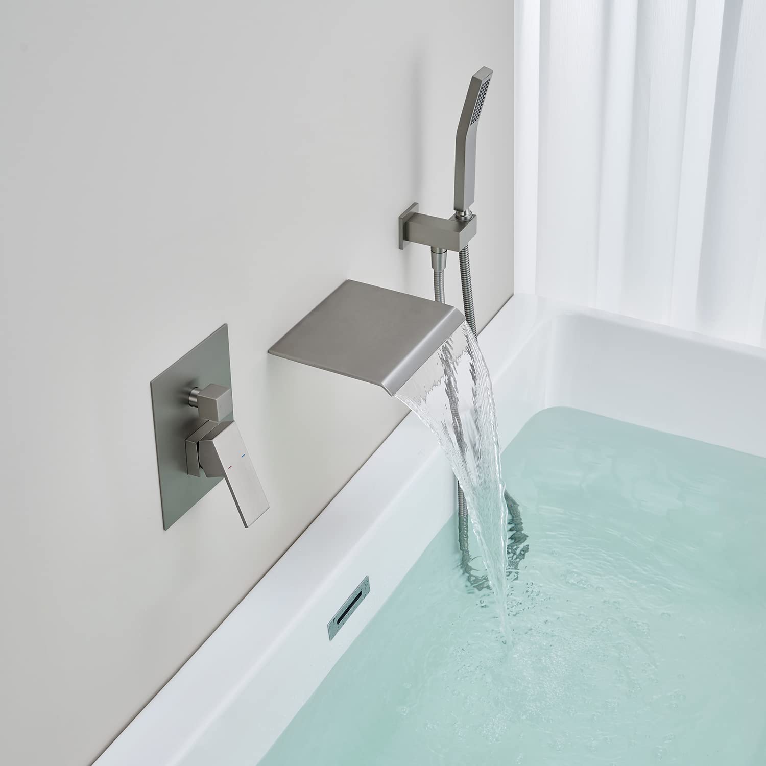 Wall Mount Tub Filler Waterfall Tub Faucet Brushed Nickel Bathtub Faucet Brass Single Handle Bathroom Faucet with Hand — view 4