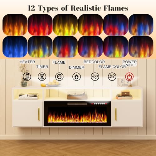 TAVATA 70" Floating TV Stand with 36" Electric Fireplace - Wall Mounted Entertainment Center with LED Lights & Storage Cabinet, Modern Media Console for Living Room, Supports TVs up to 80" (White) - Image 6