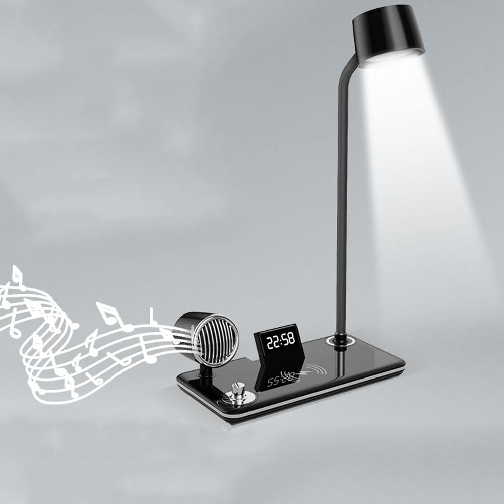Faucet 15W Bezprzewodowe ładowanie Lampka nocna na biurko Głośnik LED Bluetooth Zegar elektroniczny Lampa na biurko w sypialni Przełącznik dotykowy Biurko Studio Lampa stołowa Club Vanity Oprawa