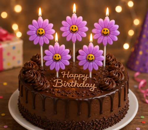 Image of Smiley Flower Birthday Candles for Cake Decoration, Pack of 5, flower Shape Decorative Cake Candles, Natural Wax Party Candles for Birthday, Anniversary, Baby Shower & Celebration (PURPLE)