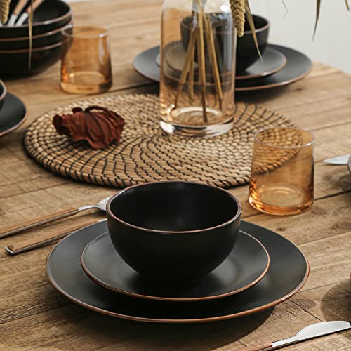 Image of Stone Lain Brasa Stoneware 32 Piece Modern Dinnerware Set, Plates and Bowls, Service for 8, Black, Microwave & Dishwasher Safe