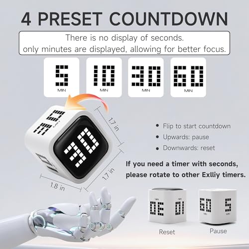 Image of Rotating Productivity Timer 5, 10, 30, 60 Minutes Preset, Desk Cube w /Gravity Sensor for ADHD, Mute Functions, Ideal for Work, Study, Kitchen, Back to School (White)