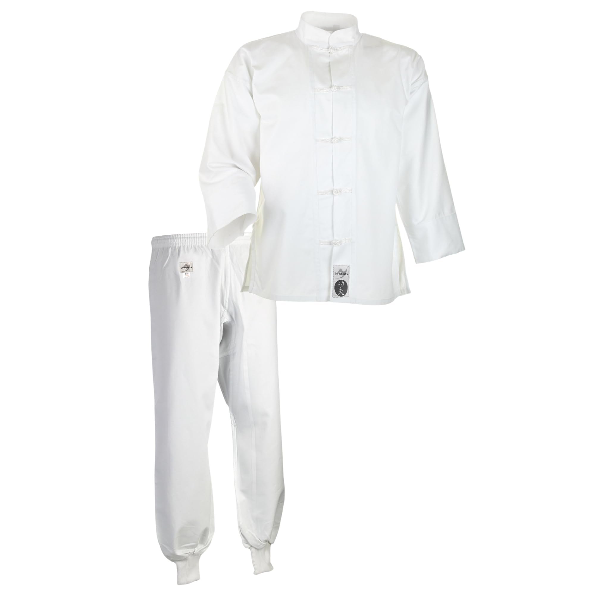 Ju-Sports Kung Fu Anzug Weiß, Cotton I Solider Kampfanzug im klassischen Schnitt I Mit Kordelknöpfen & Bündchenhose mit Elasikbund I 100% Baumwolle