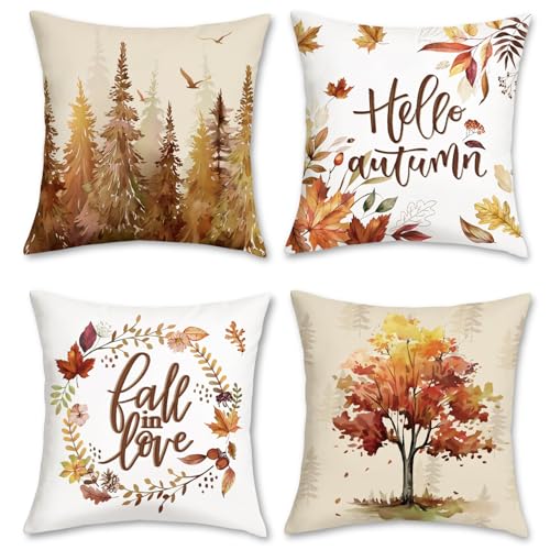 Bonhause BHP0274B Fall Leaves Throw Pillow Covers 18 X 18 Inch Pine Trees Leaf Wreath Decorative Pillow Cases cover