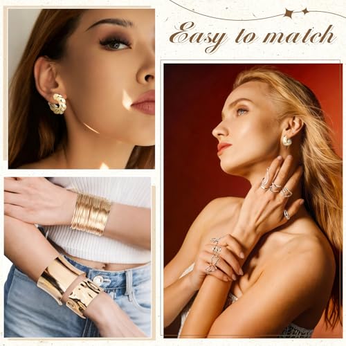 Tondiamo 27 Pcs Chunky Gold Jewelry Set for Women with Cuff Bangle Bracelets, Hoop Earrings and Stackable Knuckle Rings Accessories Non Tarnish Gold Plated Chunky Bracelets Earrings Rings Gifts by Tondiamo - Used condition - Image 5