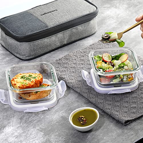 CELLO Delighta Square Glass Lunch Box with Bag for Office, 2 x 320 ml Transparent | Microwave Safe Leadfree Toughened Glass Airtight Leakproof Adjustable Carry Strap Tiffin Box for Travel & Daily Use