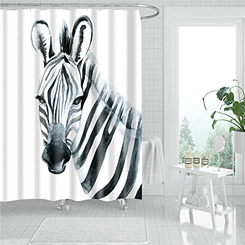 Fangkun Shower Curtain Zebra Sketch Art Decor For Bathroom - Striped Animal Theme Print Bath Curtains Set - 12Pcs Shower Hooks - 72 X 72 Inches #TOP1