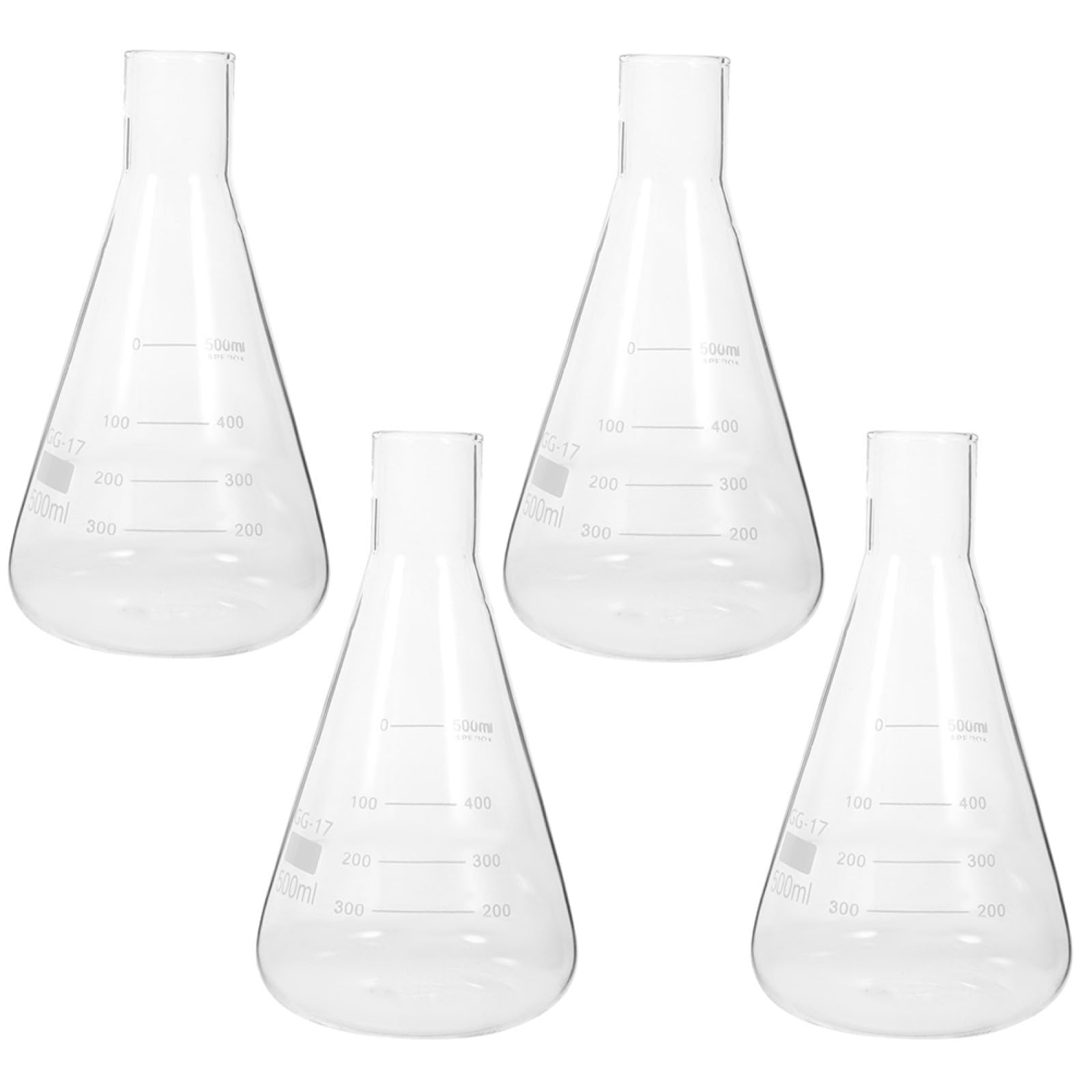 Conjunto de 4 Matraces Erlenmeyer de Vidrio Borosilicato Cónico Escala Clara, Capacidad Estándar, Prácticos para Experimentos en Clase de Química