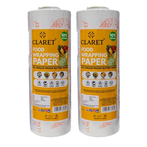 Image of Claret Oil & Grease Proof Food Wrapping Paper 100+10 Meter Roll | Butter Paper for Burgers, Sandwiches & Rolls | 10% Extra | 100% Food Grade & Eco-Friendly (Pack of 2)