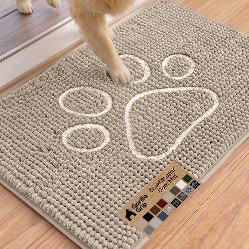 Image of GORILLA GRIP SoakSTOPPER Dog Door Mat, 36x24 Machine Washable Rug Absorbent Doormat Captures Moisture Mud Dirt, Quick Dry Soft Chenille Entryway Rugs Indoor Entrance Mats for Dog Paws, Beige Ivory