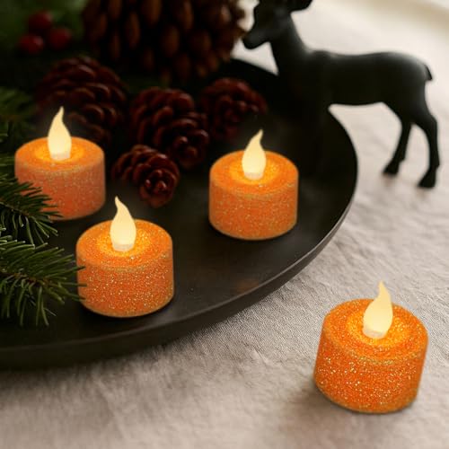 Image of FURORA LIGHTING Orange Glitter Flameless Tealights - 1.45 inch W x 1.57 inch H, 12-Pack, Batteries Included