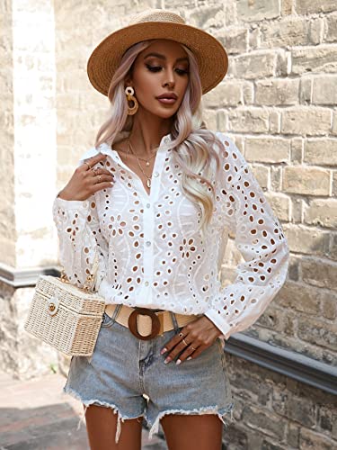 Verdusa Women's Long Sleeve Collar Floral Eyelet Embroidery Button Front Semi Sheer Blouse Shirt4