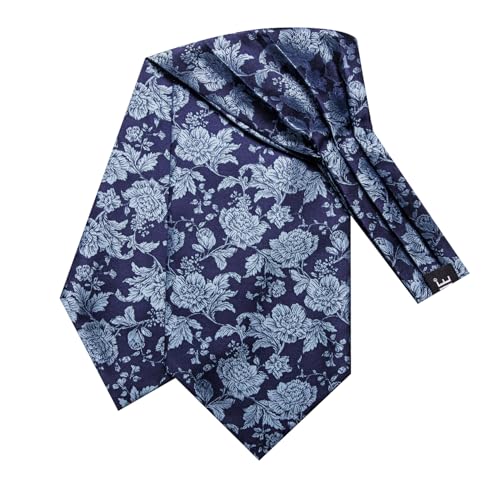 Image of Hi-Tie Silk Ascot for Men Self Tie Men's Cravat and Flower Lapel Pin Handkerchief Cufflinks Set for Wedding Party