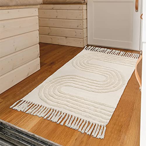 Boho Bathroom Rug 2' X 3',Washable Linear Tufted Throw Rug For Kitchen,Beige Woven Cotton Rug With Tassels For Bedroom,Small Accent Carpet For Entryway Laundry Room #TOP2