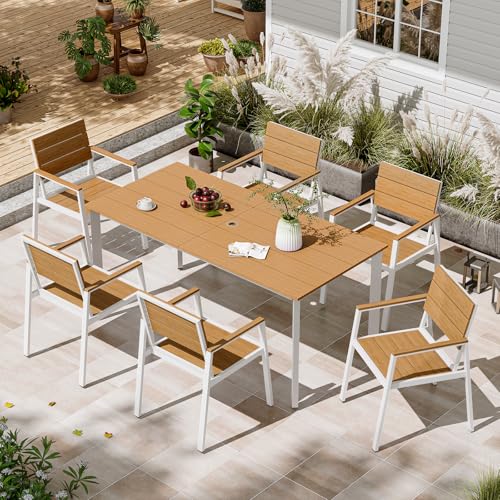 Image of Patio Table and Chairs Set, 7 Piece Outdoor Dining Set with Umbrella Hole, HDPS + Aluminum Patio Furniture Set for Garden (White & Teak)