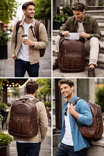 Image of Laptop Backpack for Men & Women | Black Faux Leather Office & Travel Bag 40L | Spacious Laptop Compartment | Front Organizer Pocket | College, Business & Daily Use