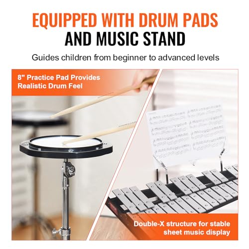 Image of VEVOR 32 Note Glockenspiel Xylophone Bell Kit, Professional Percussion Instrument Set with Mallets, Drum Sticks, Music Stand, 8 inch Practice Pad, Adjustable Stand and Carrying Bag for Students & Adults