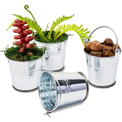 Juvale 48-Count 2-Inch Mini Silver Metal Tin Bucket Pails with Handles for Party Favors and Succulents