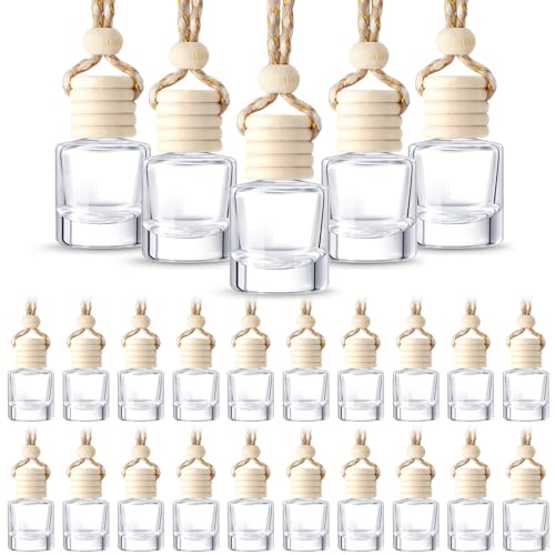 BBTO 50 Pcs Hanging Car Freshener Car Diffuser Bottles with Wooden Caps Empty Glass Perfume Bottle Freshener Diffuser Bottle Pendant for Essential Oil Fragrance Aromatherapy Ornament (Cylinder)