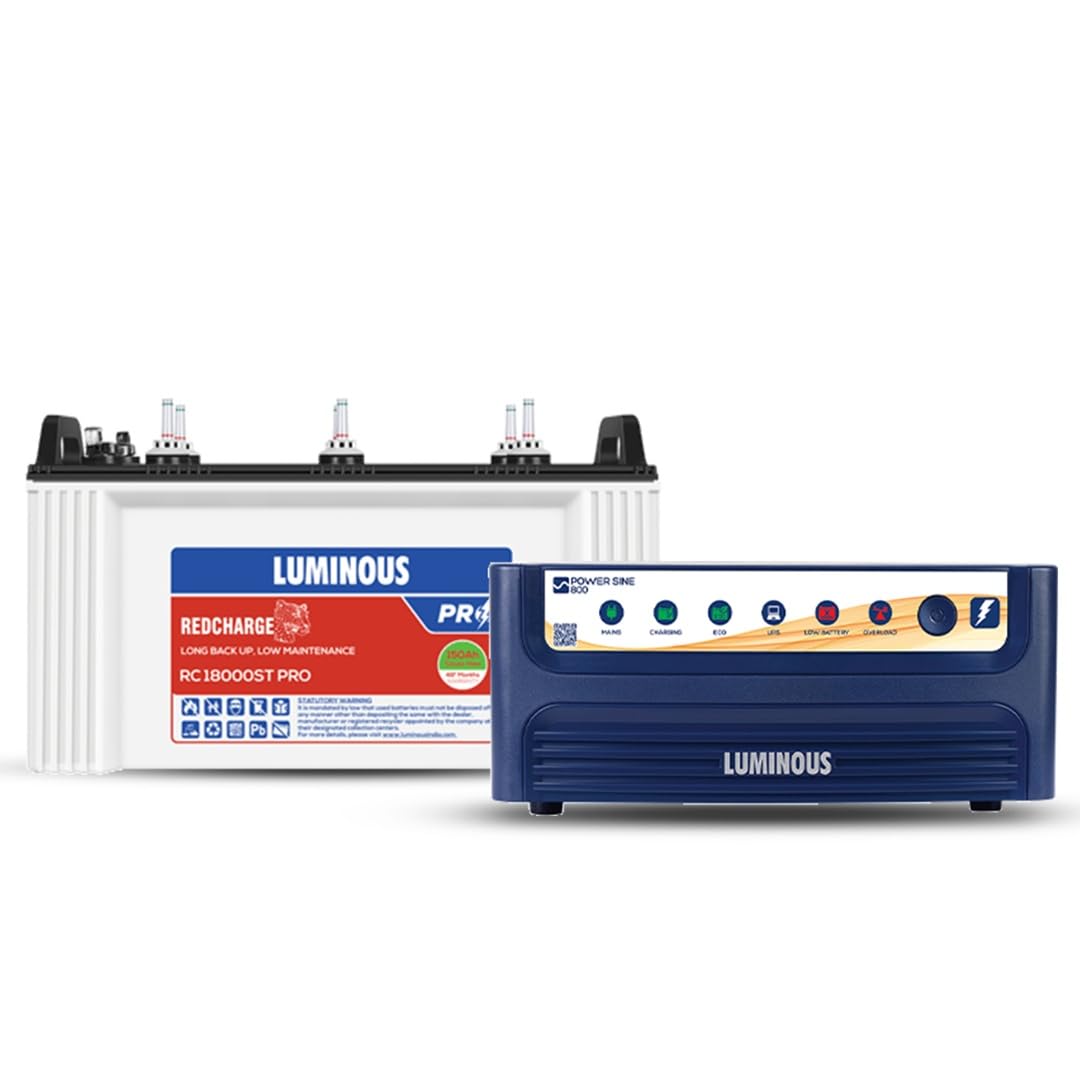 Luminous Inverter & Battery Combo – Power Sine 800 Pure Sine Wave 700VA/12V Inverter with RC18000ST PRO 150Ah Short Tubular Battery